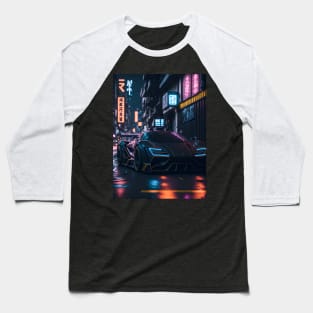 Dark Sports Car in Japanese Neon City Baseball T-Shirt